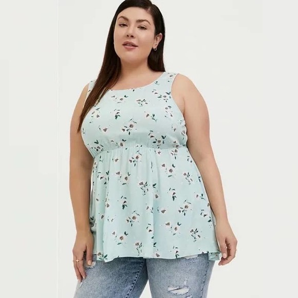 torrid Tops - NWT Torrid Mint Blue Floral Challis Button Back Hi-Lo Babydoll Tank